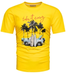 Żółta koszulka bawełniana męska t-shirt z printem 2818 - Recea