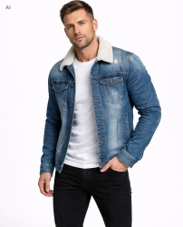 Kurtka męska jeans niebieska z futerkiem Recea