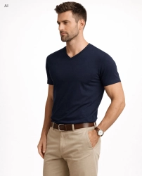 T-shirt męski kołnierzyk v-neck granatowy Recea