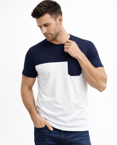 Koszulka męska t-shirt biało-granatowy z kieszonką Recea - 3135