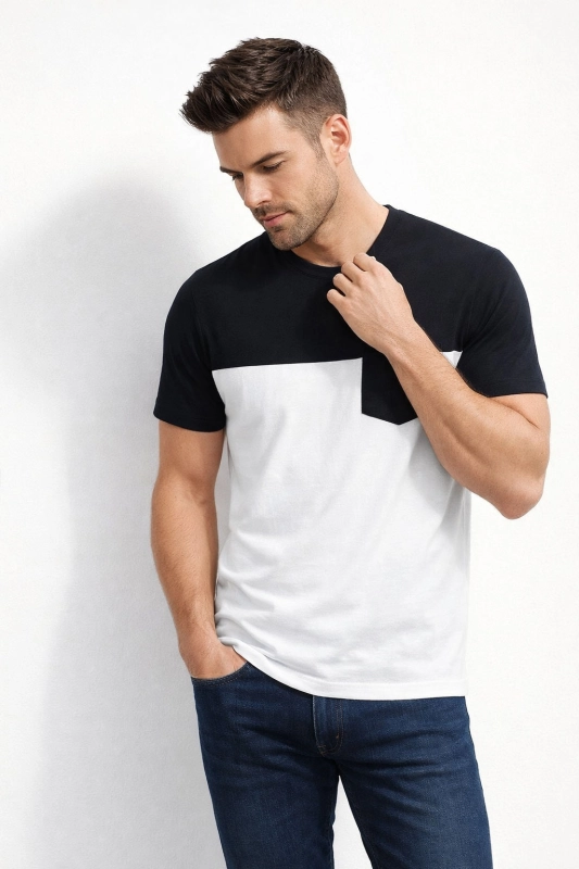 Koszulka męska t-shirt biało-czarna z kieszonką Recea  - 3136