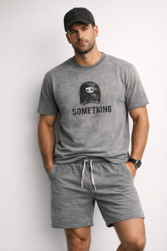 Komplet męski spodenki i t-shirt szary efekt sprania Recea - 3137