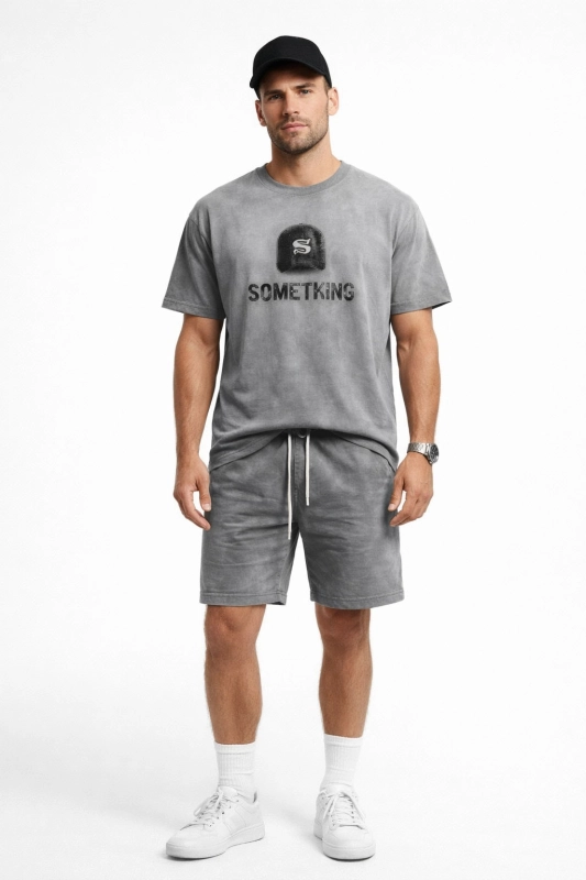 Komplet męski spodenki i t-shirt szary efekt sprania Recea - 3137