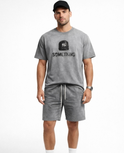 Komplet męski spodenki i t-shirt szary efekt sprania Recea - 3137