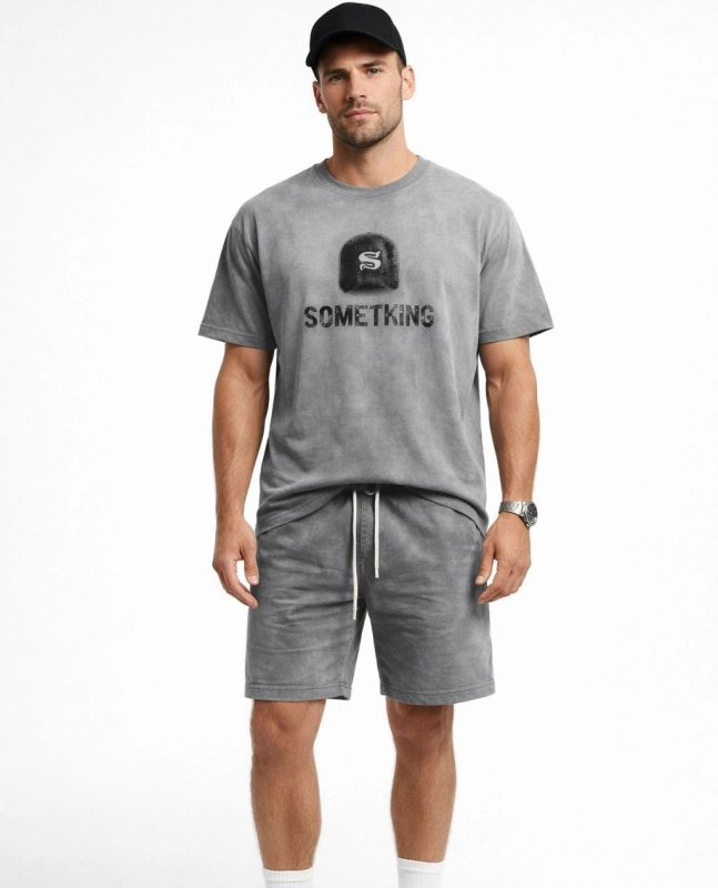 Komplet męski spodenki i t-shirt szary efekt sprania Recea - 3137
