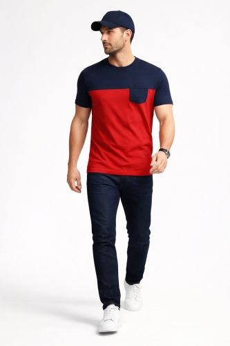 Koszulka męska t-shirt granatowo-czerwona z kieszonką Recea - 3138