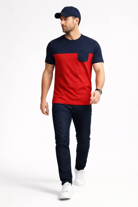 Koszulka męska t-shirt granatowo-czerwona z kieszonką Recea - 3138