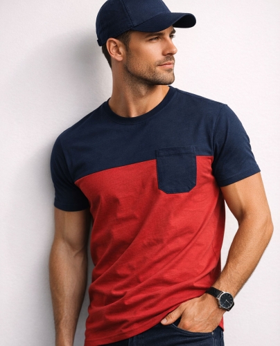 Koszulka męska t-shirt granatowo-czerwona z kieszonką Recea - 3138