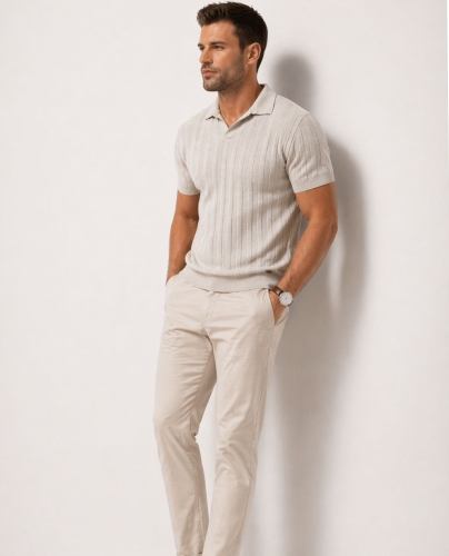 Sweter męski letni z kołnierzykiem beżowy Recea - 3151