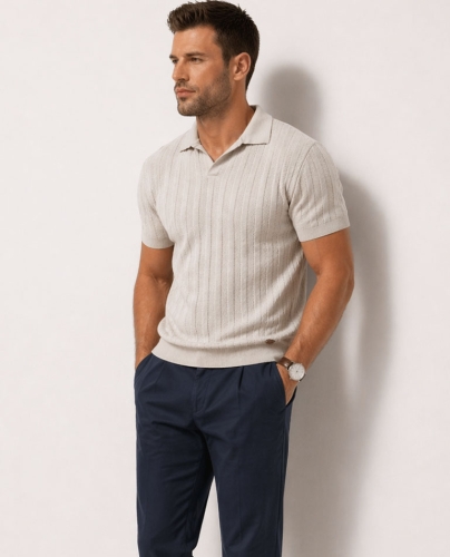 Sweter męski letni z kołnierzykiem beżowy Recea - 3151