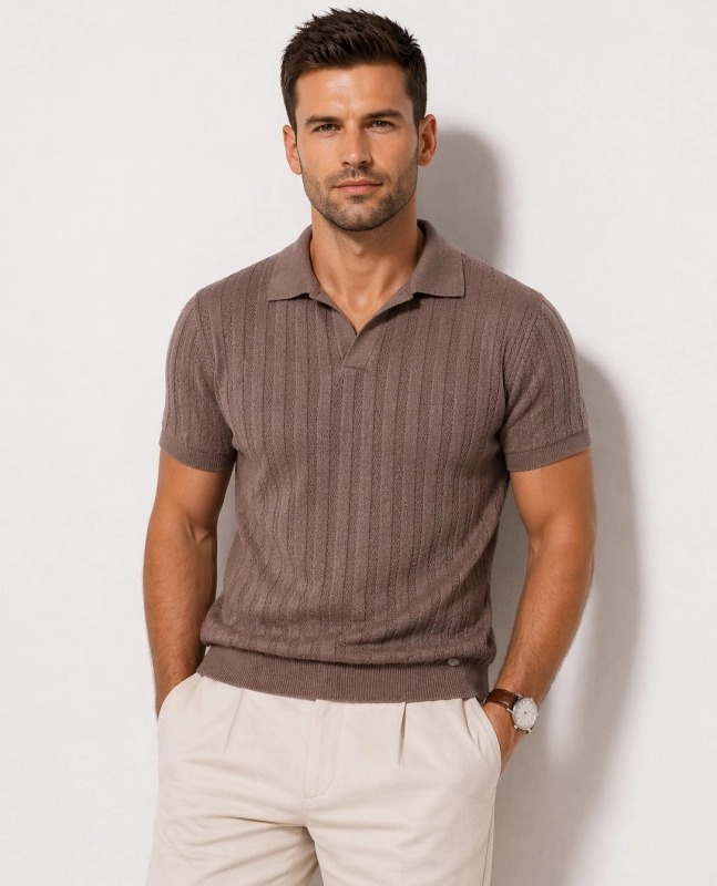 Sweter męski letni z kołnierzykiem brązowy Recea - 3152