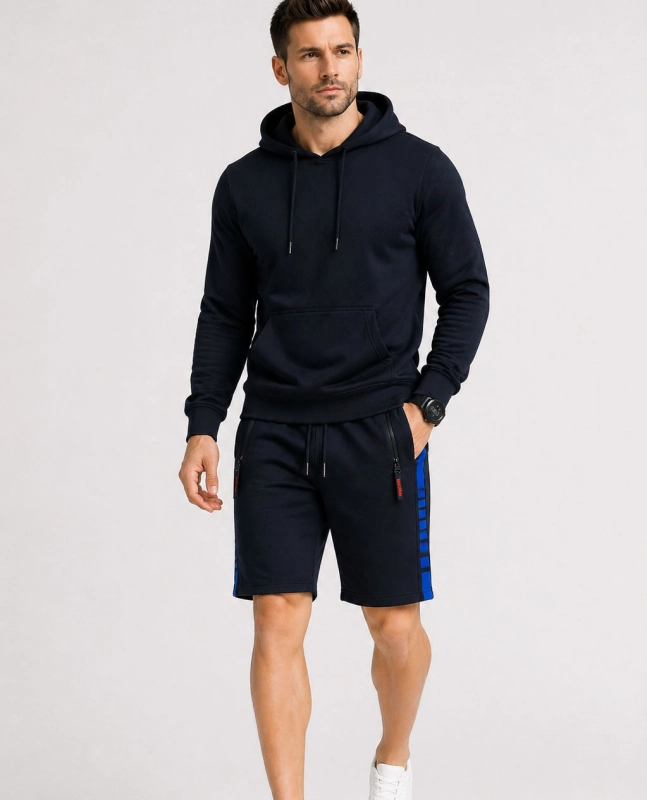 Spodenki męskie z ściągaczem i sznurkiem dresowe granatowe Recea - 3153