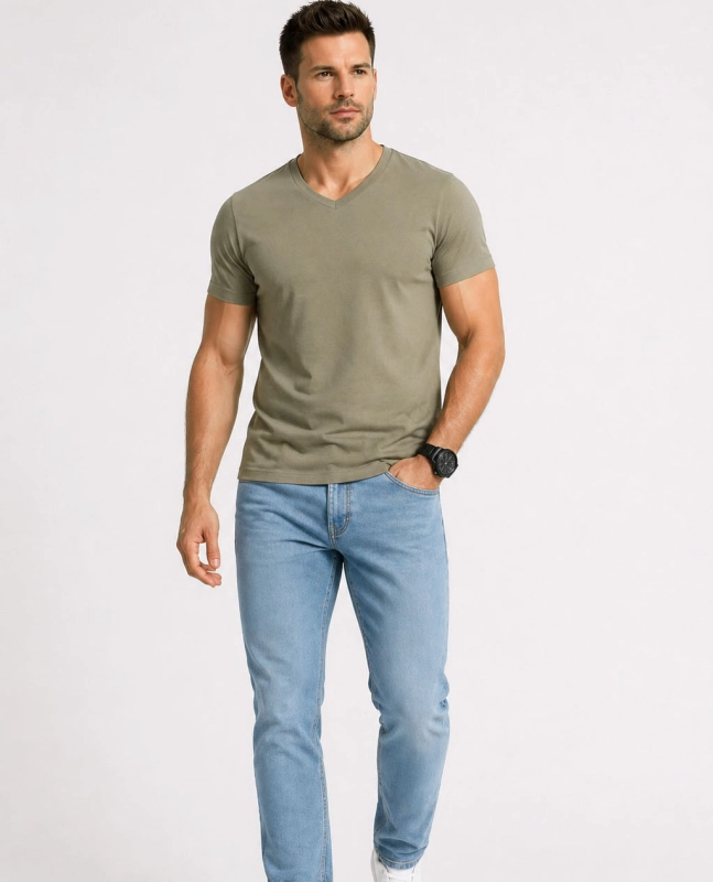 T-shirt męski v-neck kołnierzyk w szpic jasna zielona Recea - 3156