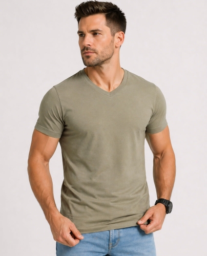 T-shirt męski v-neck kołnierzyk w szpic jasna zielona Recea - 3156