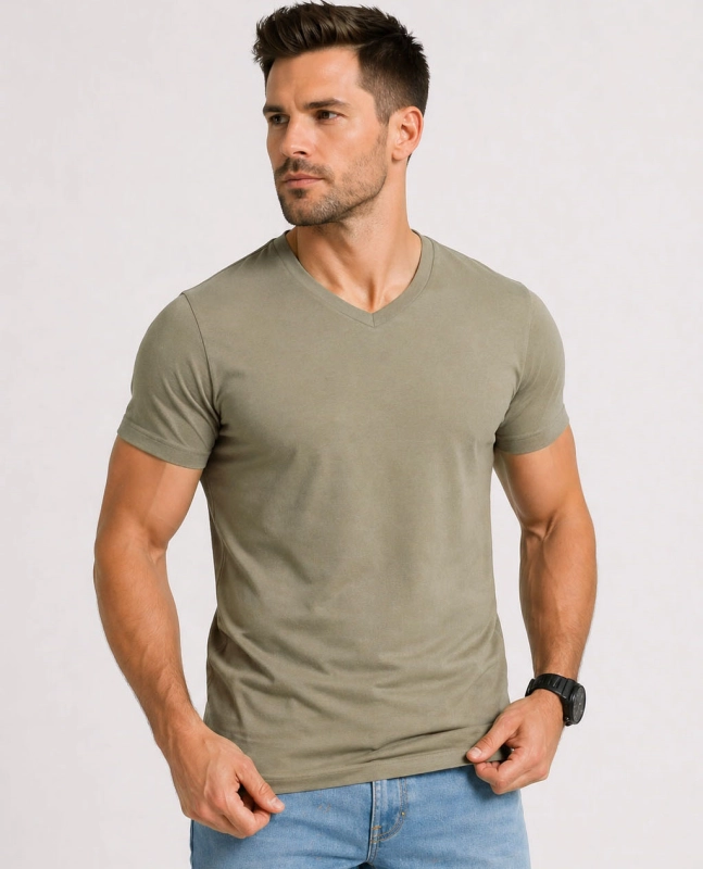 T-shirt męski v-neck kołnierzyk w szpic jasna zielona Recea - 3156