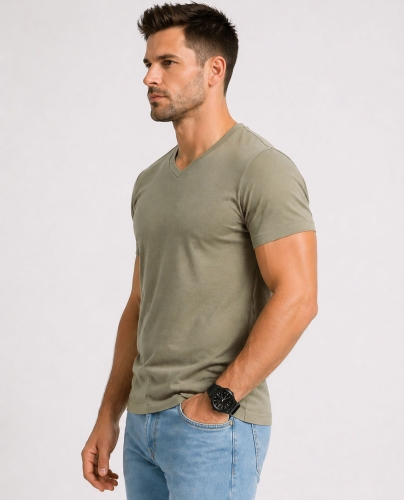 T-shirt męski v-neck kołnierzyk w szpic jasna zielona Recea - 3156