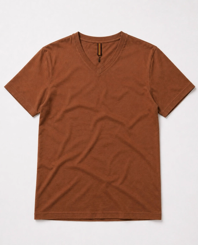 T-shirt męski v-neck kołnierzyk w szpic brązowy Recea - 3157