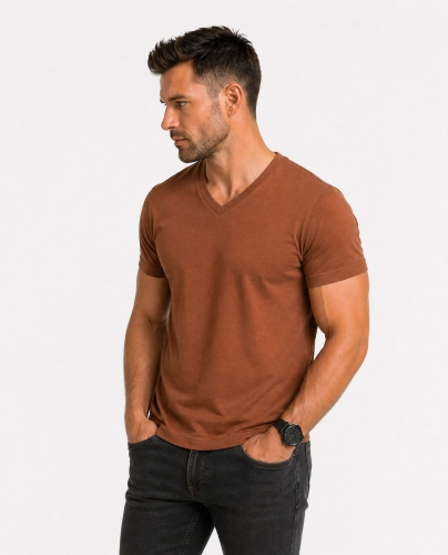 T-shirt męski v-neck kołnierzyk w szpic brązowy Recea - 3157