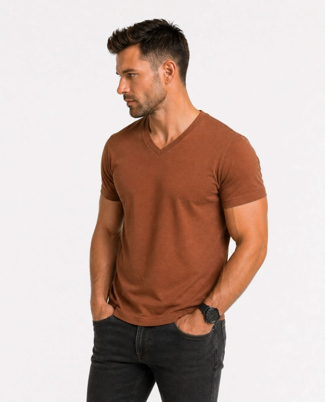 T-shirt męski v-neck kołnierzyk w szpic brązowy Recea - 3157