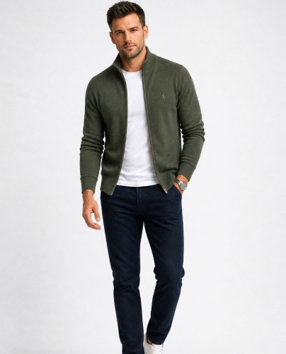 Rozpinany sweter męski z stójką bawełniany khaki Recea - 3160