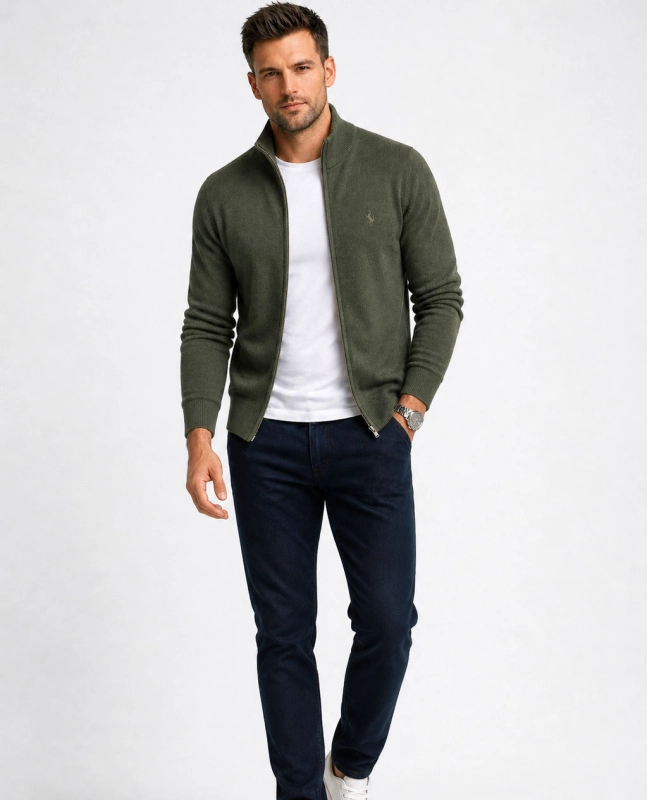 Rozpinany sweter męski z stójką bawełniany khaki Recea - 3160