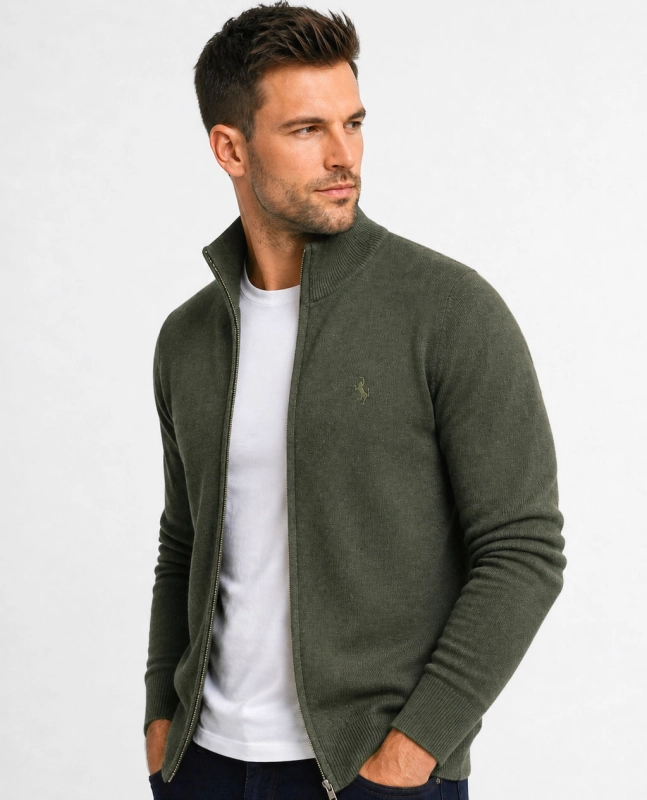 Rozpinany sweter męski z stójką bawełniany khaki Recea - 3160