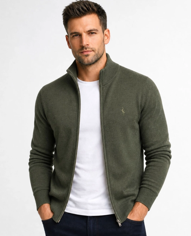 Rozpinany sweter męski z stójką bawełniany khaki Recea - 3160