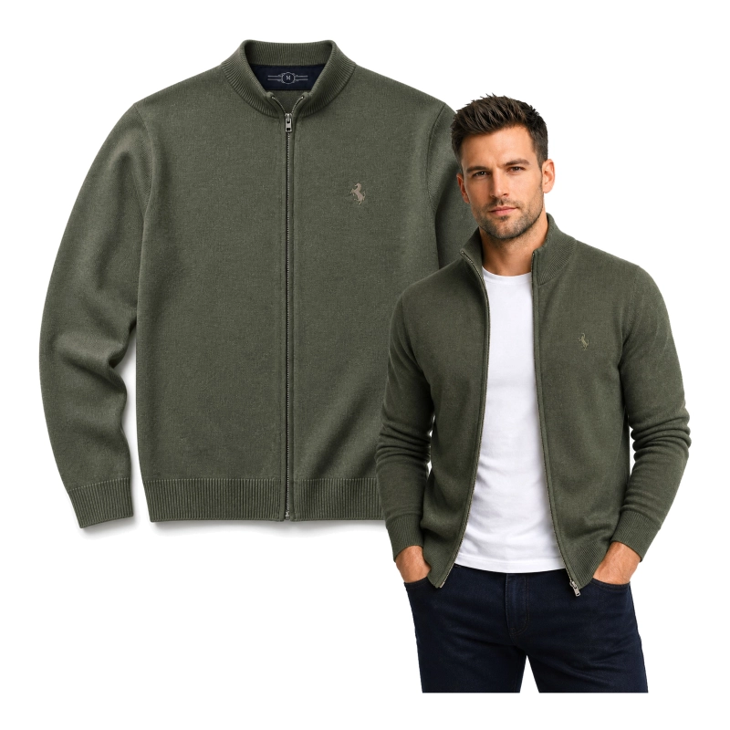 Rozpinany sweter męski z stójką bawełniany khaki Recea - 3160