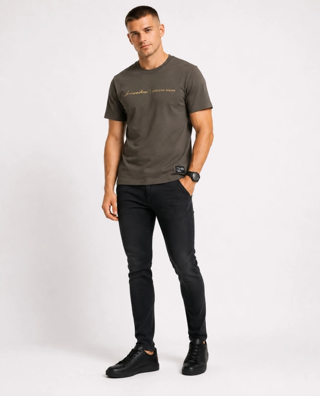 T-shirt męski z nadrukiem bawełniany khaki Recea - 3174