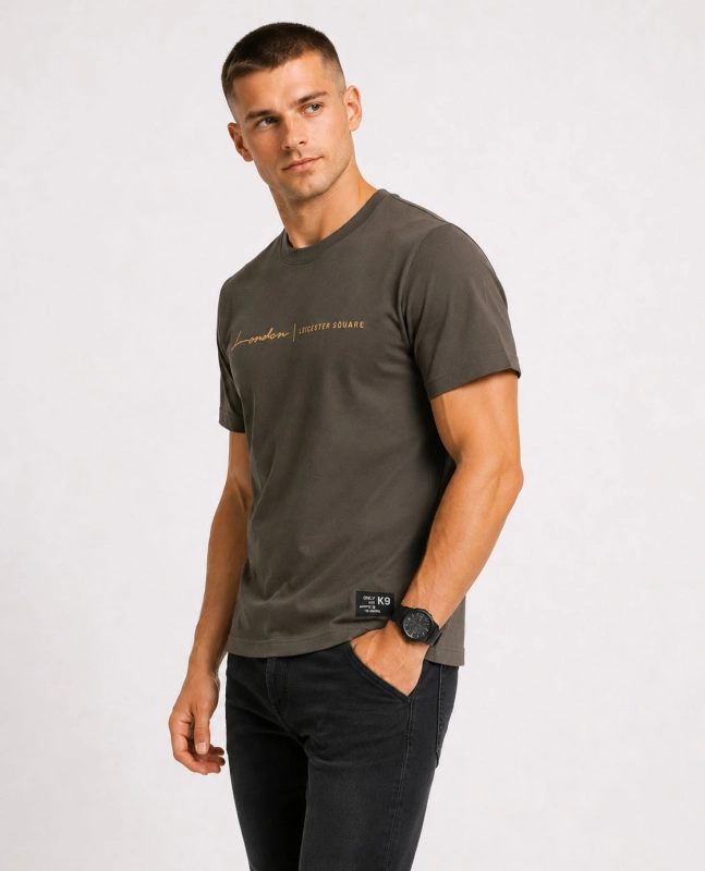 T-shirt męski z nadrukiem bawełniany khaki Recea - 3174