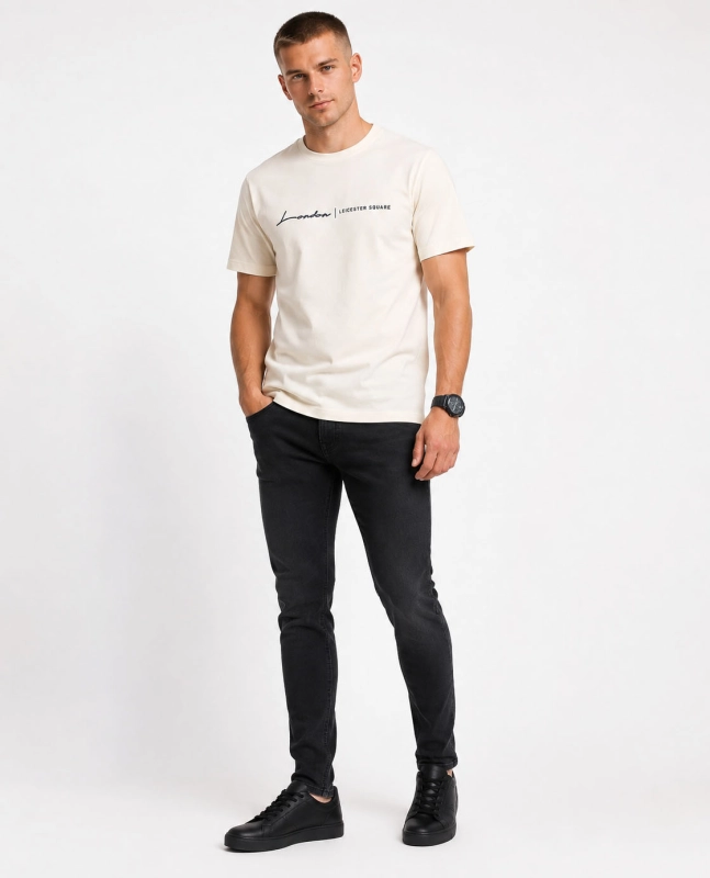 T-shirt męski z nadrukiem bawełniany kremowy Recea - 3175