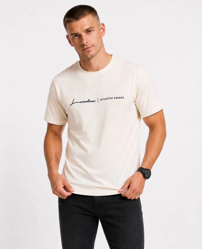 T-shirt męski z nadrukiem bawełniany kremowy Recea - 3175