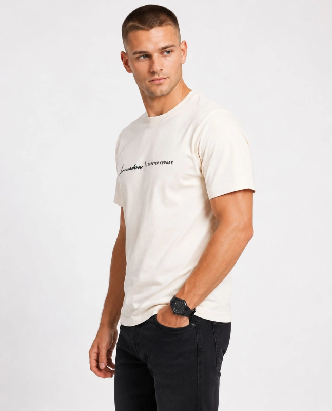 T-shirt męski z nadrukiem bawełniany kremowy Recea - 3175