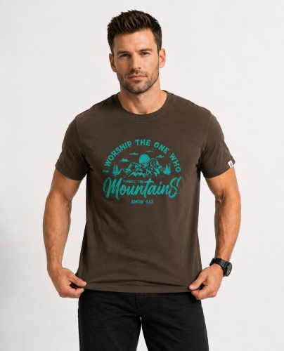 T-shirt męski z nadrukiem bawełniany brązowy Recea - 3177
