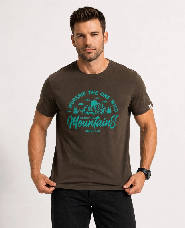 T-shirt męski z nadrukiem bawełniany brązowy Recea - 3177