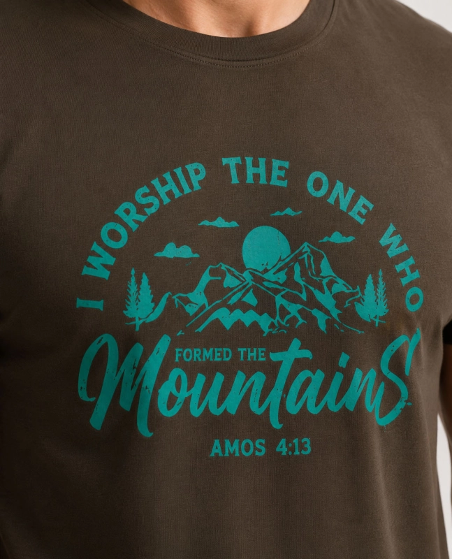 T-shirt męski z nadrukiem bawełniany brązowy Recea - 3177