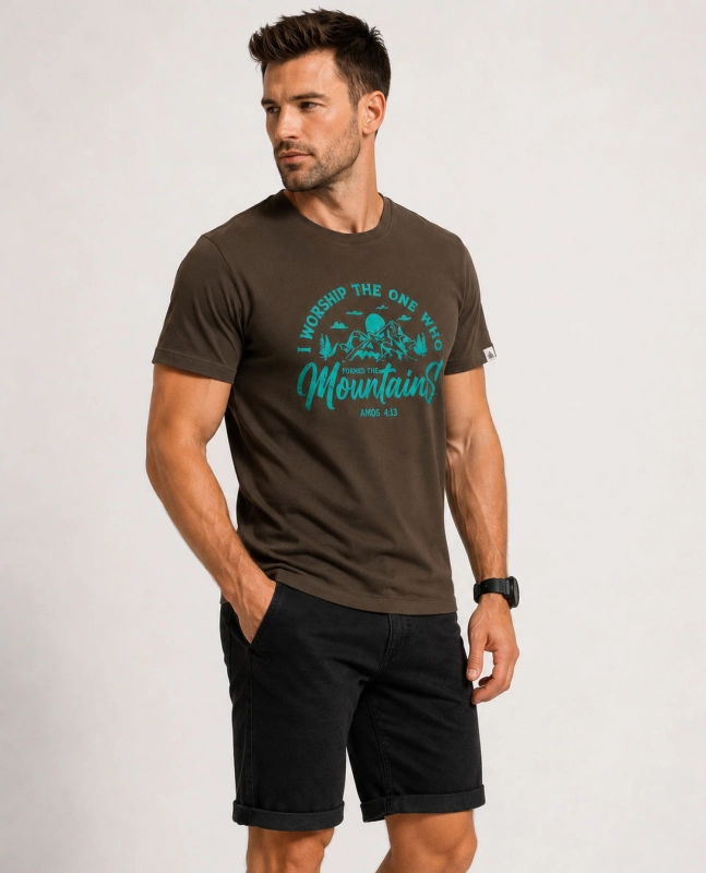 T-shirt męski z nadrukiem bawełniany brązowy Recea - 3177