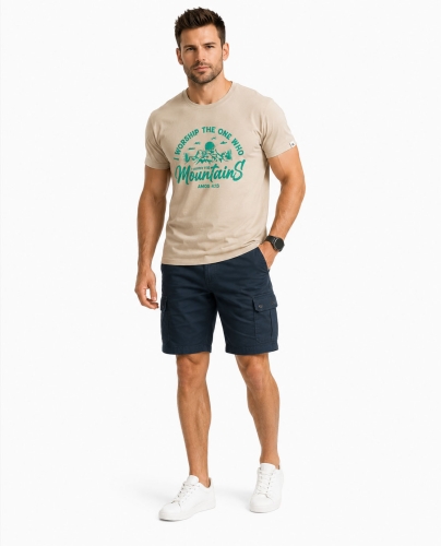 T-shirt męski z nadrukiem bawełniany beżowy Recea - 3179