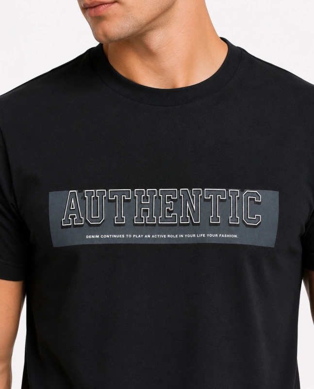 T-shirt męski z nadrukiem bawełniany czarny Recea - 3181