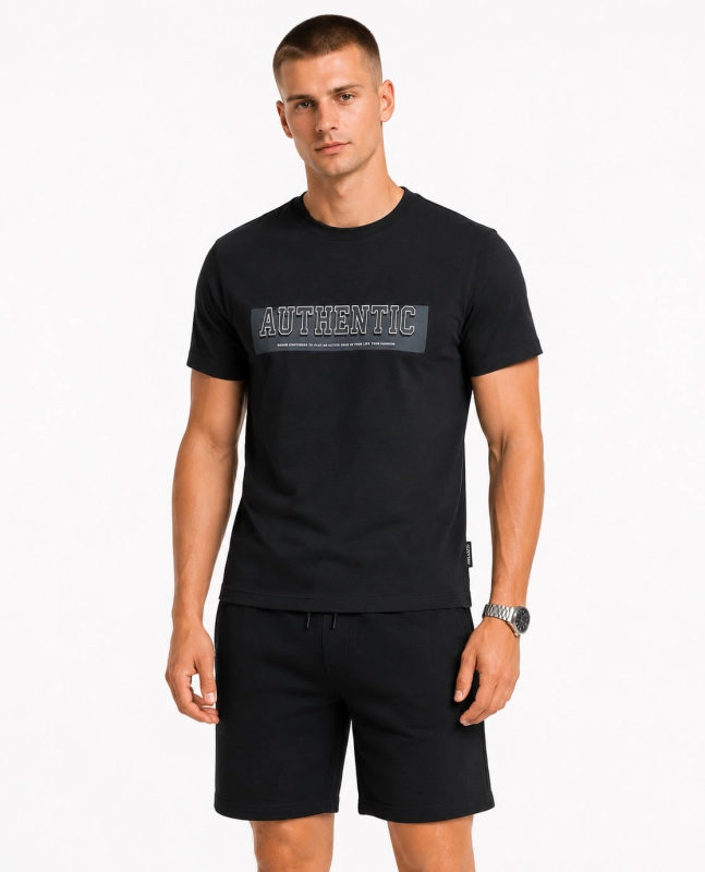 T-shirt męski z nadrukiem bawełniany czarny Recea - 3181