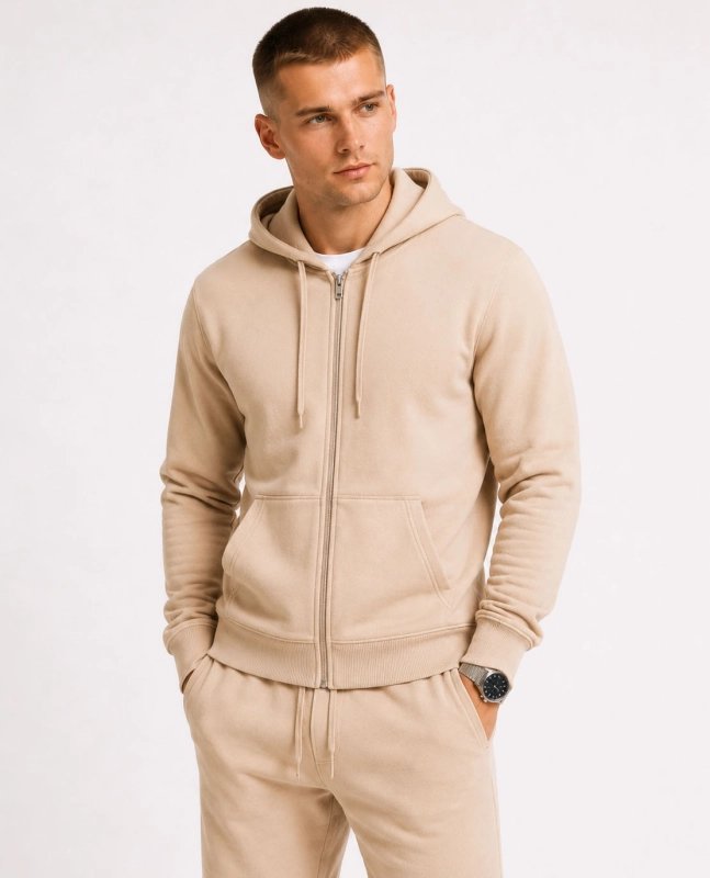 Bluza męska z kapturem beżowa na suwak Recea - 3187