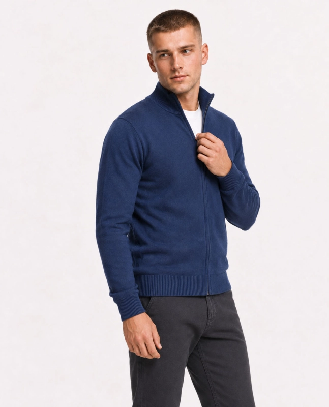 Rozpinany sweter męski z stójką niebieski Recea - 3199
