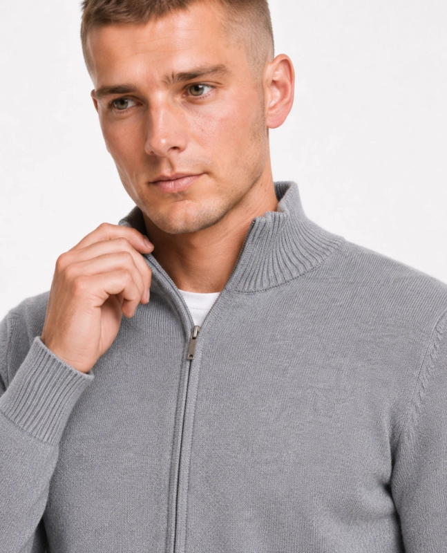 Rozpinany sweter męski z stójką szary Recea - 3201