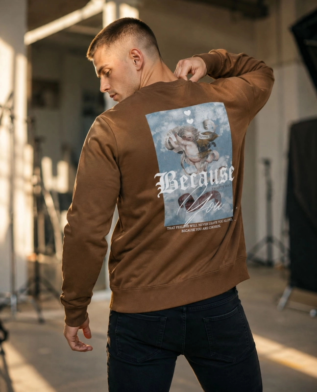 Bluza męska bez kaptura z nadrukiem na plecach brązowa Recea - 3214