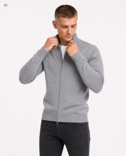Rozpinany sweter męski z stójką szary Recea - 3201
