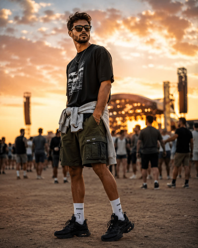 Festiwalowa stylizacja męska Recea: czarna koszulka oversize, oliwkowe spodenki cargo, szara bluza rozpinana przewiązana w pasie i wysokie buty sportowe.