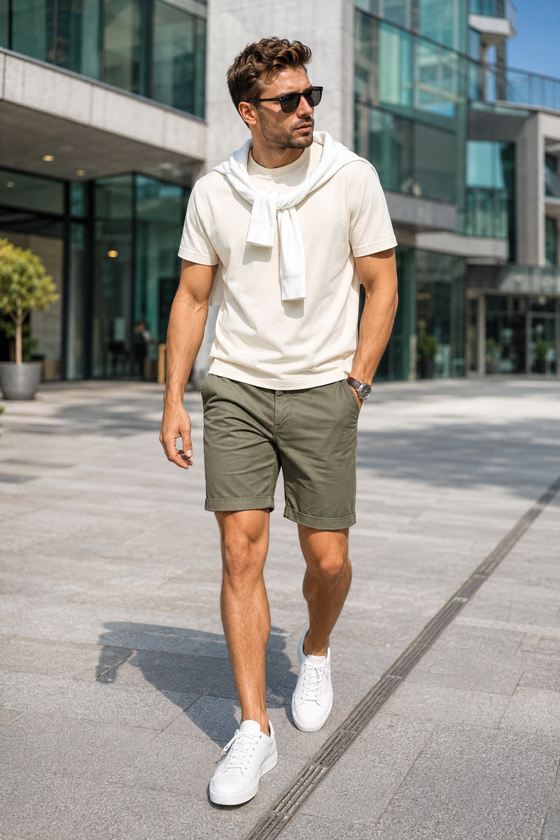 Letnia stylizacja męska Recea: jasnobeżowy t-shirt, oliwkowe spodenki chino i biała bluza narzucona na ramiona, tło nowoczesnego miasta.