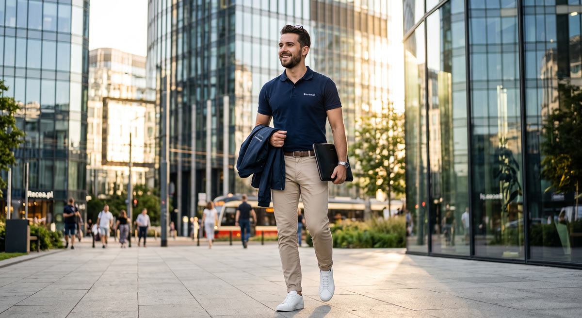 Męska stylizacja back to office z granatowym polo i beżowymi chinosami