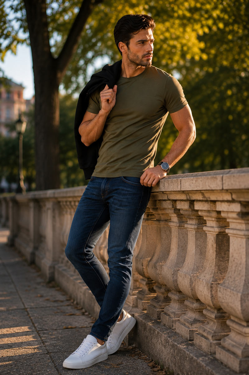 Męska stylizacja przejściowa Recea na sierpień: ciemne jeansy slim fit, oliwkowy t-shirt premium i czarna rozpinana bluza z kapturem.