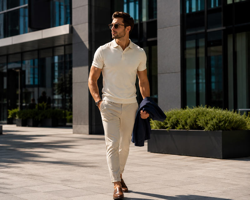Męska stylizacja smart casual Recea na upały: kremowa koszulka polo, beżowe spodnie chino, granatowa lekka marynarka i brązowe skórzane loafersy.